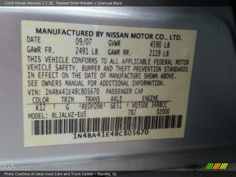 Radiant Silver Metallic / Charcoal Black 2008 Nissan Maxima 3.5 SE