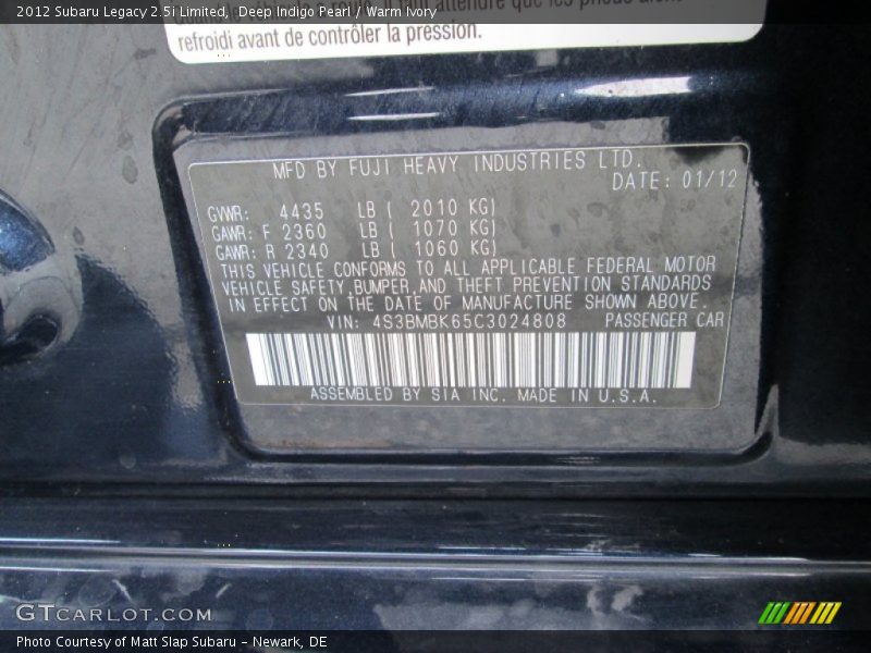 Deep Indigo Pearl / Warm Ivory 2012 Subaru Legacy 2.5i Limited