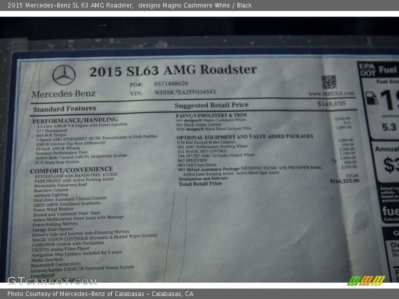  2015 SL 63 AMG Roadster Window Sticker