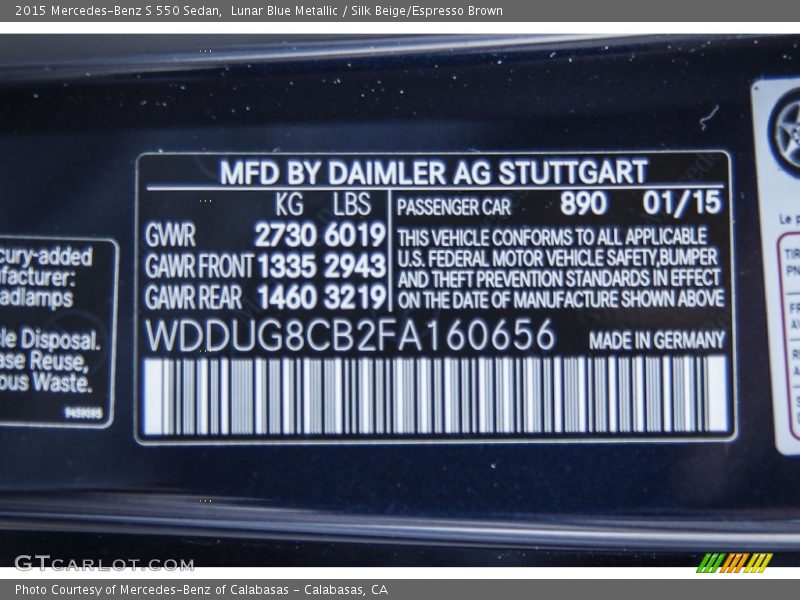 2015 S 550 Sedan Lunar Blue Metallic Color Code 890