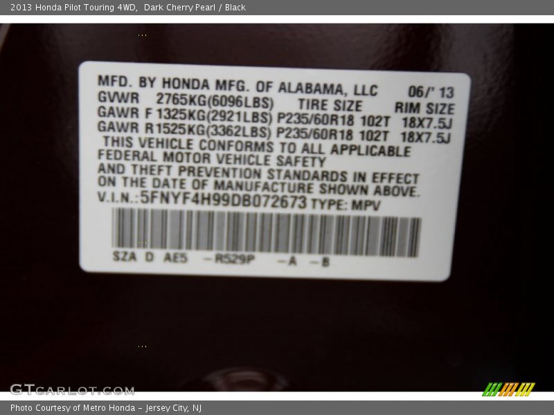 Dark Cherry Pearl / Black 2013 Honda Pilot Touring 4WD