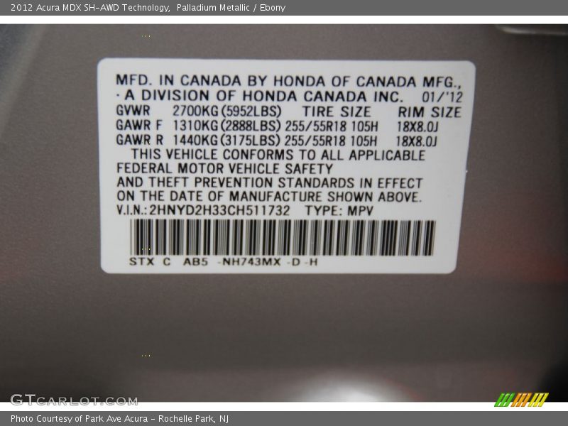 Palladium Metallic / Ebony 2012 Acura MDX SH-AWD Technology