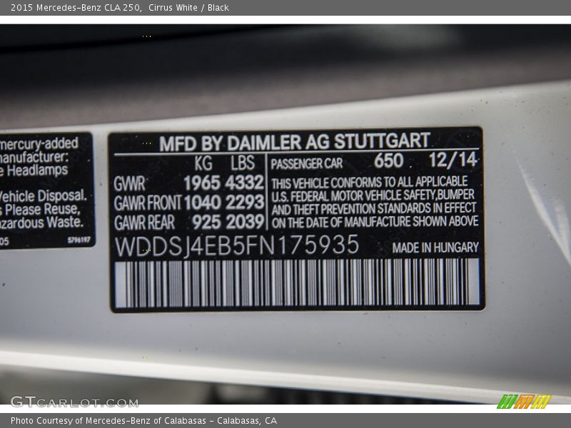 Cirrus White / Black 2015 Mercedes-Benz CLA 250
