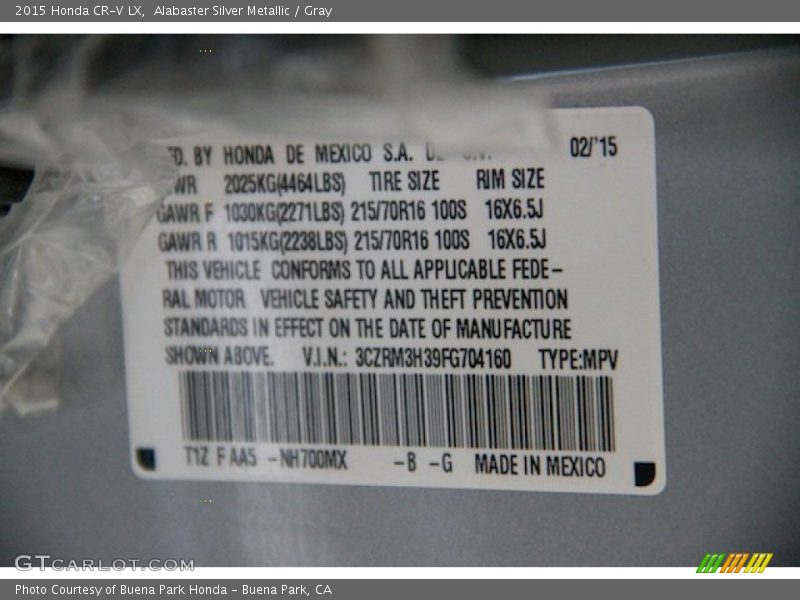Alabaster Silver Metallic / Gray 2015 Honda CR-V LX