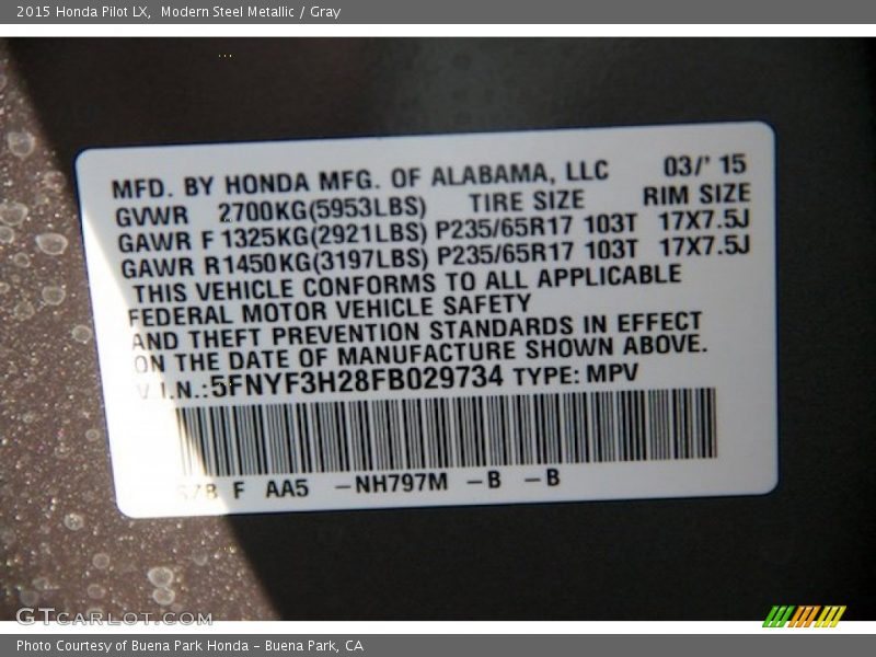 Modern Steel Metallic / Gray 2015 Honda Pilot LX