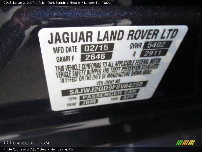 2015 XJ XJL Portfolio Dark Sapphire Metallic Color Code JBM