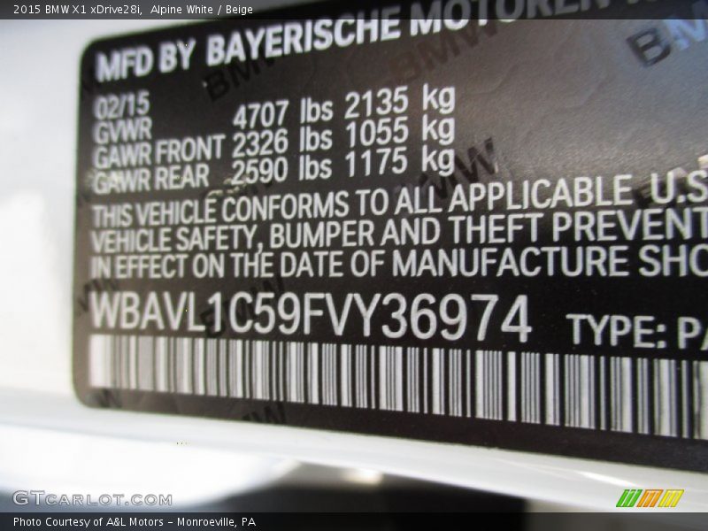 Alpine White / Beige 2015 BMW X1 xDrive28i