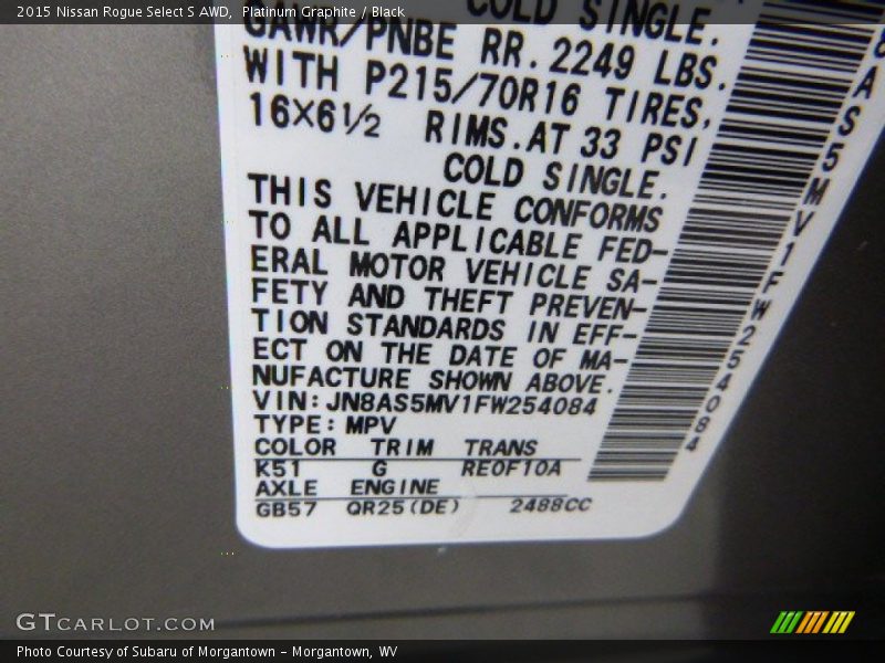 Platinum Graphite / Black 2015 Nissan Rogue Select S AWD
