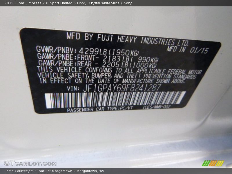 Crystal White Silica / Ivory 2015 Subaru Impreza 2.0i Sport Limited 5 Door