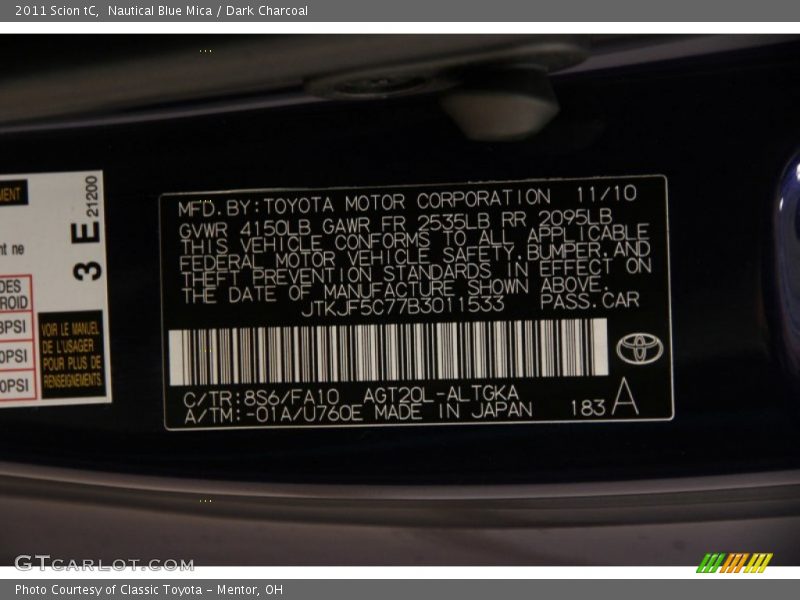 Nautical Blue Mica / Dark Charcoal 2011 Scion tC