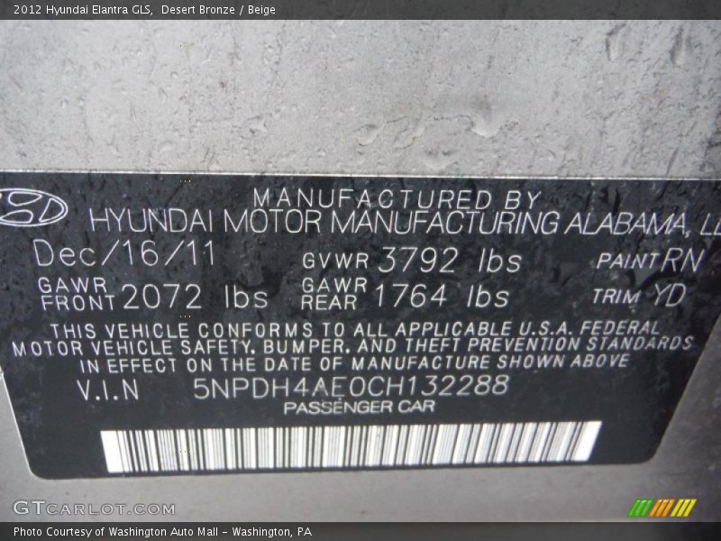 Desert Bronze / Beige 2012 Hyundai Elantra GLS