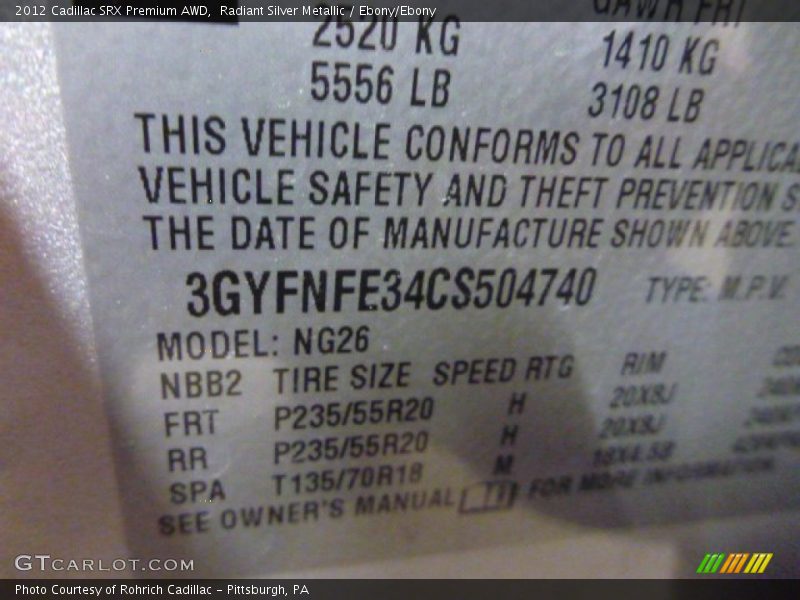Radiant Silver Metallic / Ebony/Ebony 2012 Cadillac SRX Premium AWD