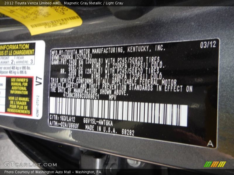Magnetic Gray Metallic / Light Gray 2012 Toyota Venza Limited AWD