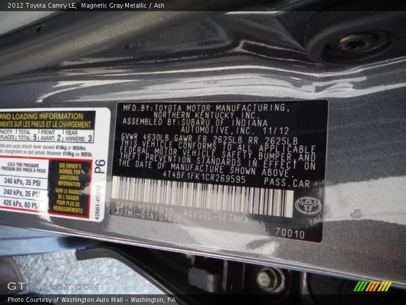 Magnetic Gray Metallic / Ash 2012 Toyota Camry LE