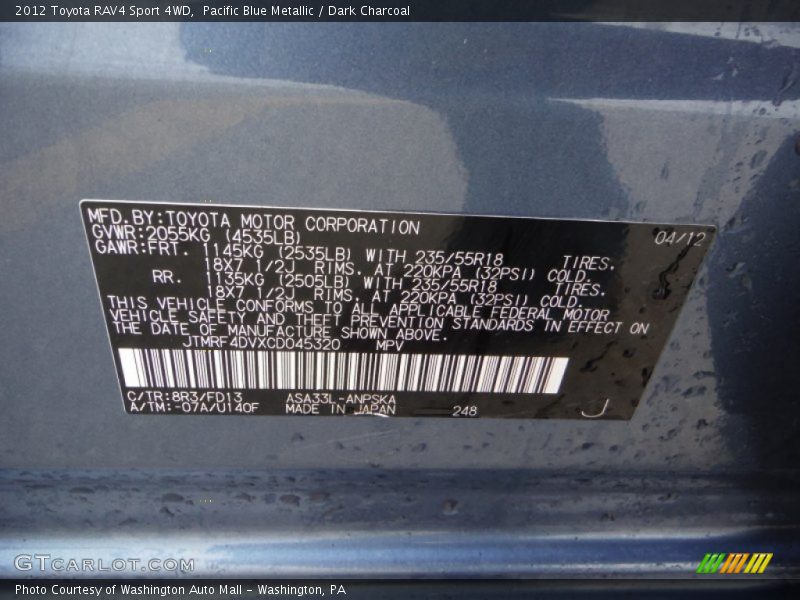 Pacific Blue Metallic / Dark Charcoal 2012 Toyota RAV4 Sport 4WD