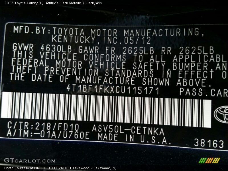 Attitude Black Metallic / Black/Ash 2012 Toyota Camry LE