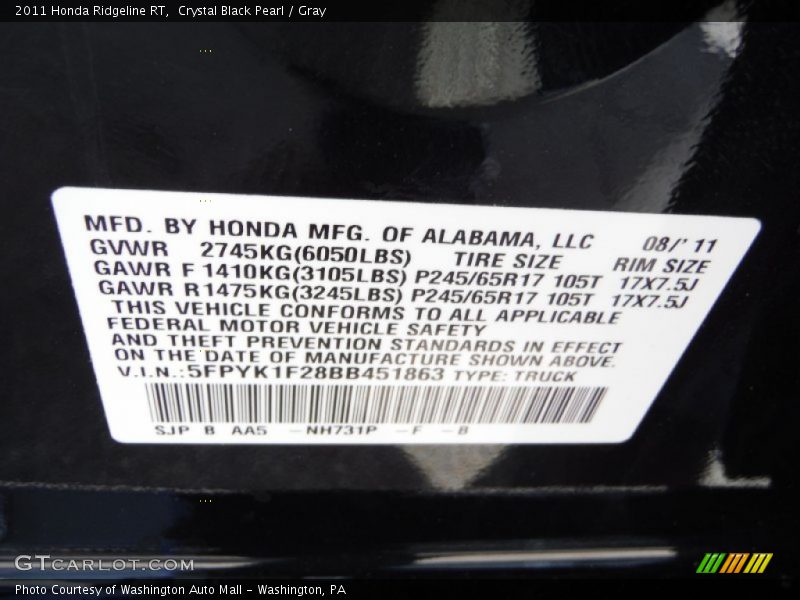 Crystal Black Pearl / Gray 2011 Honda Ridgeline RT