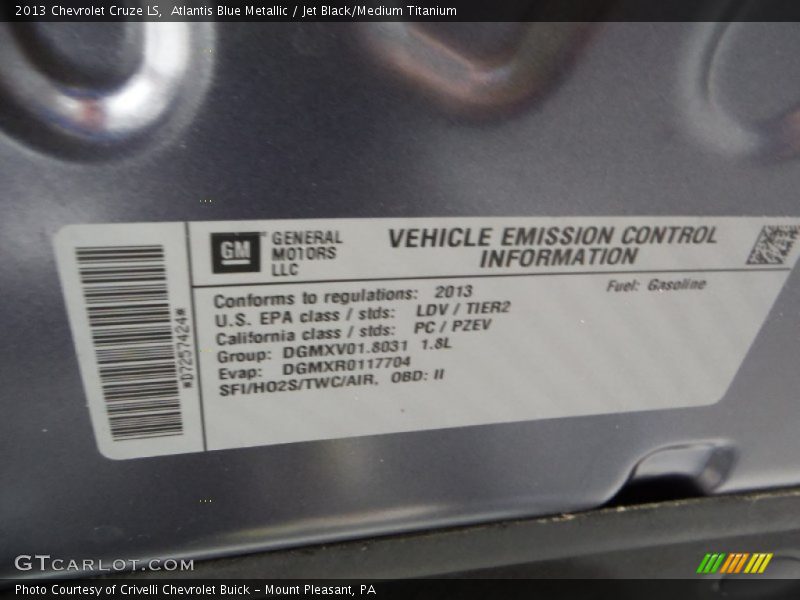 Atlantis Blue Metallic / Jet Black/Medium Titanium 2013 Chevrolet Cruze LS