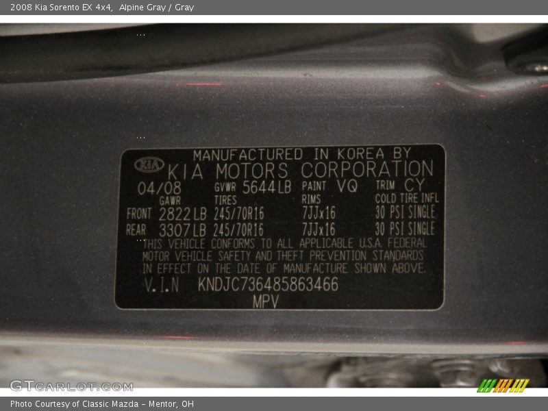 Alpine Gray / Gray 2008 Kia Sorento EX 4x4