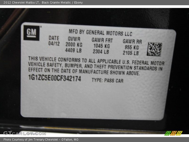 Black Granite Metallic / Ebony 2012 Chevrolet Malibu LT