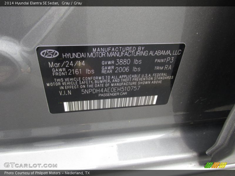 Gray / Gray 2014 Hyundai Elantra SE Sedan