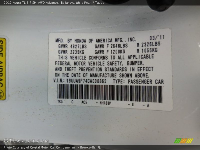 Bellanova White Pearl / Taupe 2012 Acura TL 3.7 SH-AWD Advance
