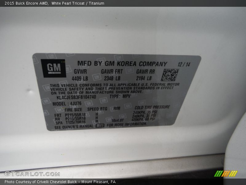 White Pearl Tricoat / Titanium 2015 Buick Encore AWD