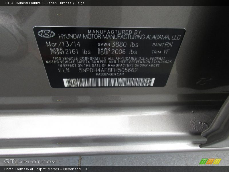 Bronze / Beige 2014 Hyundai Elantra SE Sedan