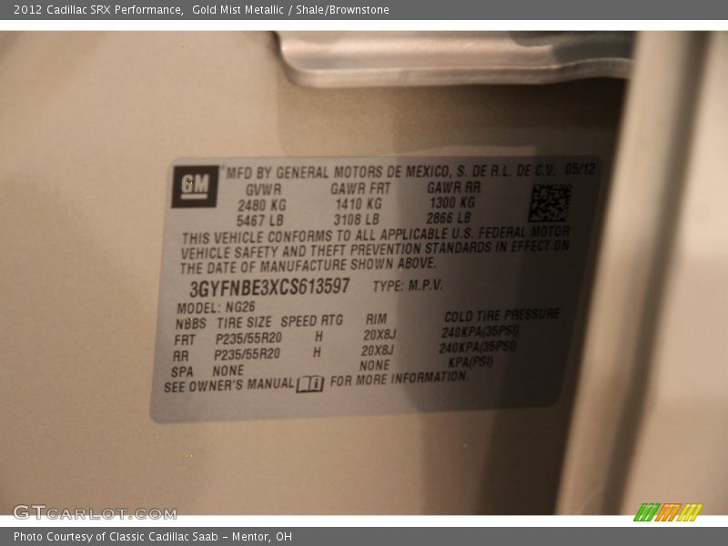 Gold Mist Metallic / Shale/Brownstone 2012 Cadillac SRX Performance