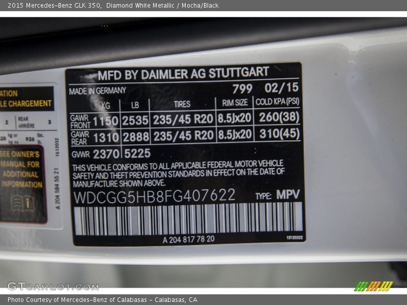 Diamond White Metallic / Mocha/Black 2015 Mercedes-Benz GLK 350