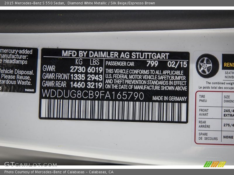Diamond White Metallic / Silk Beige/Espresso Brown 2015 Mercedes-Benz S 550 Sedan