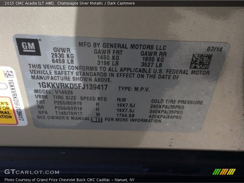 Champagne Silver Metallic / Dark Cashmere 2015 GMC Acadia SLT AWD