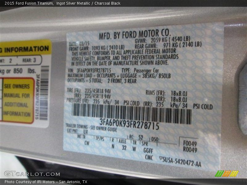 Ingot Silver Metallic / Charcoal Black 2015 Ford Fusion Titanium