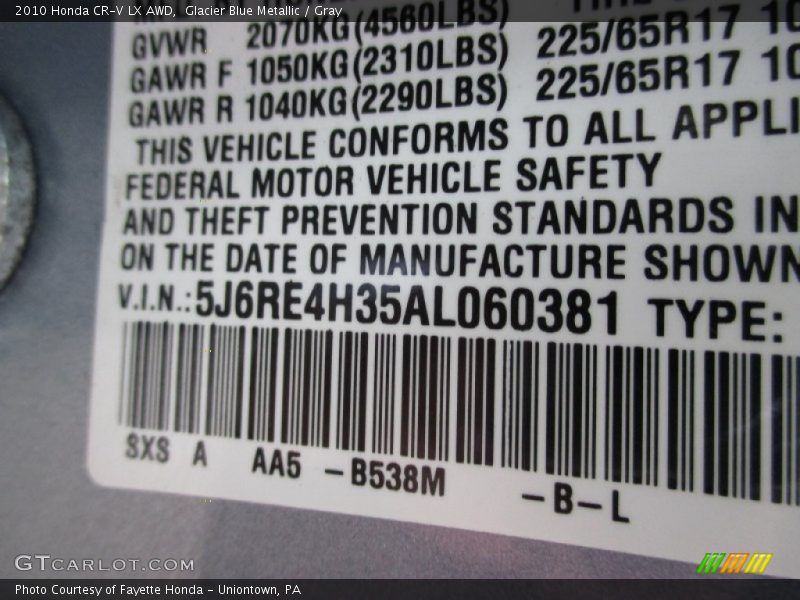 Glacier Blue Metallic / Gray 2010 Honda CR-V LX AWD