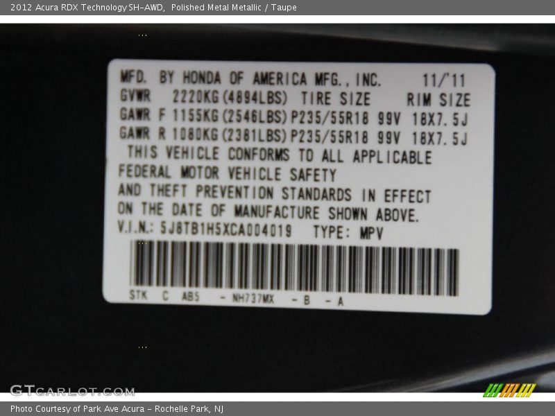 Polished Metal Metallic / Taupe 2012 Acura RDX Technology SH-AWD