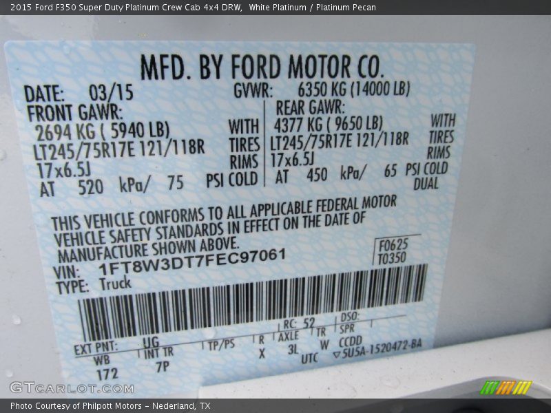 White Platinum / Platinum Pecan 2015 Ford F350 Super Duty Platinum Crew Cab 4x4 DRW