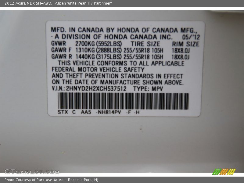 Aspen White Pearl II / Parchment 2012 Acura MDX SH-AWD