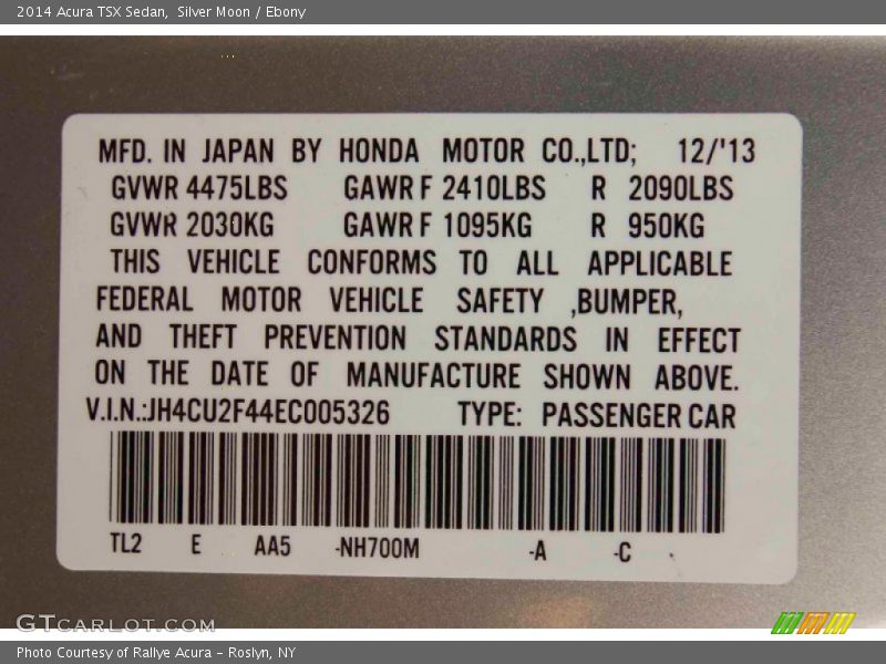 Silver Moon / Ebony 2014 Acura TSX Sedan