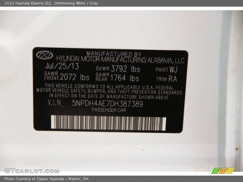 Shimmering White / Gray 2013 Hyundai Elantra GLS
