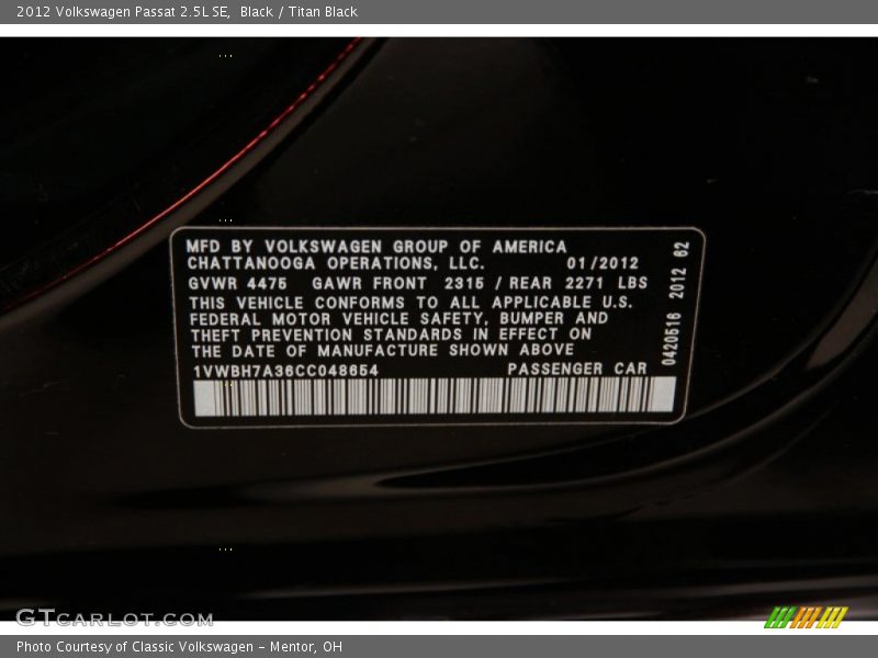 Black / Titan Black 2012 Volkswagen Passat 2.5L SE
