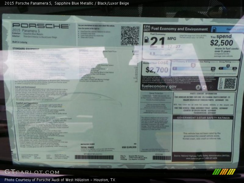  2015 Panamera S Window Sticker