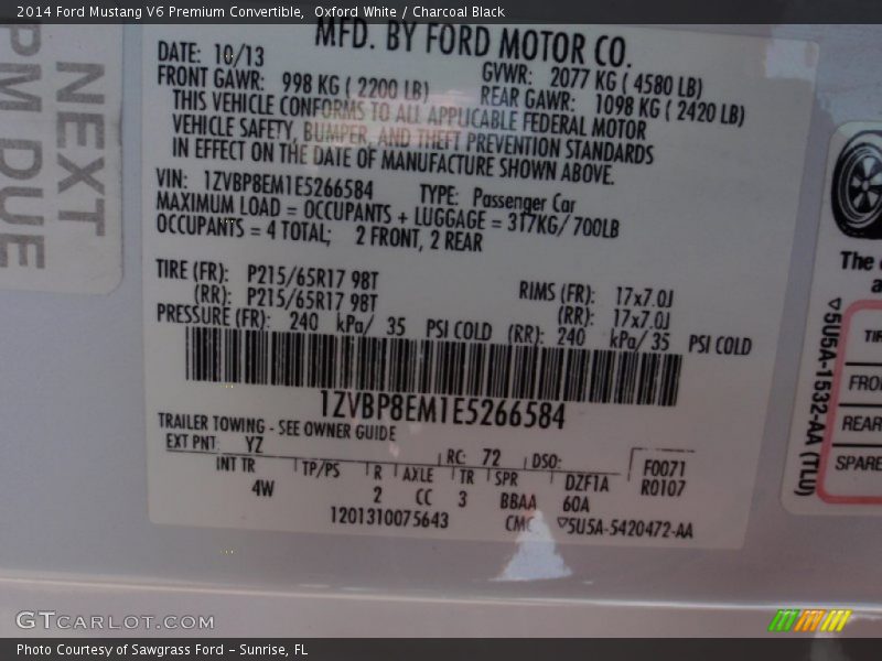 Oxford White / Charcoal Black 2014 Ford Mustang V6 Premium Convertible