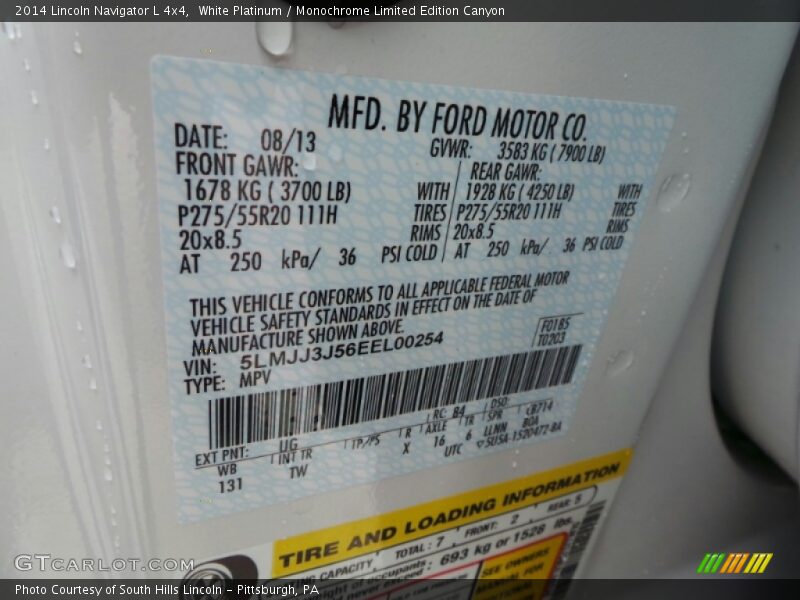 2014 Navigator L 4x4 White Platinum Color Code UG