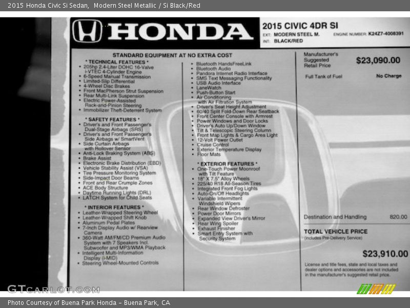 Modern Steel Metallic / Si Black/Red 2015 Honda Civic Si Sedan