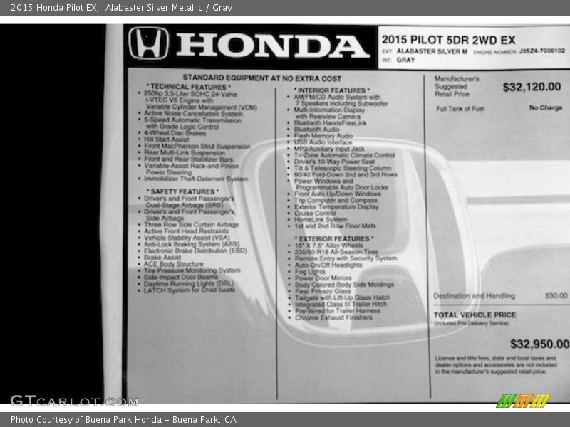 Alabaster Silver Metallic / Gray 2015 Honda Pilot EX