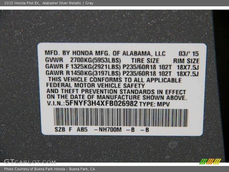 Alabaster Silver Metallic / Gray 2015 Honda Pilot EX
