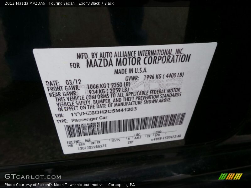 Ebony Black / Black 2012 Mazda MAZDA6 i Touring Sedan