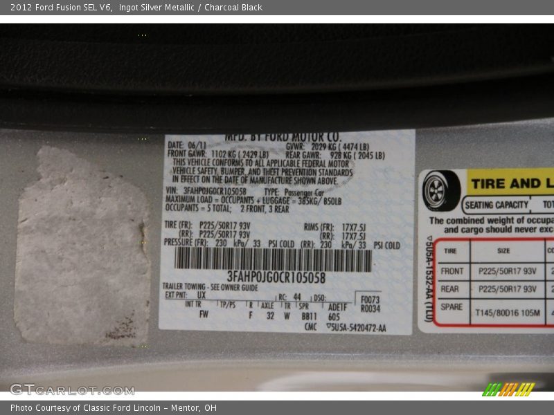 Ingot Silver Metallic / Charcoal Black 2012 Ford Fusion SEL V6