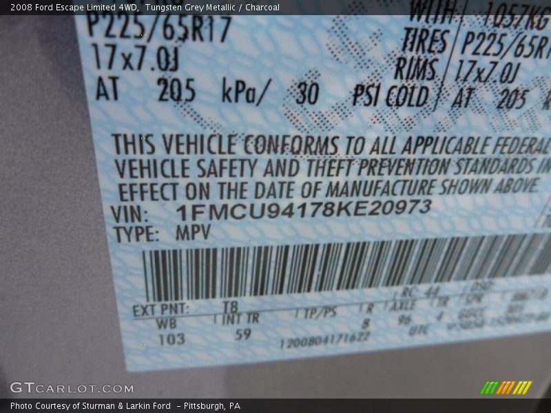 Tungsten Grey Metallic / Charcoal 2008 Ford Escape Limited 4WD