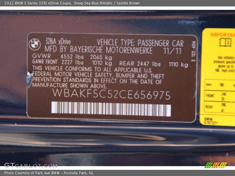 Deep Sea Blue Metallic / Saddle Brown 2012 BMW 3 Series 328i xDrive Coupe